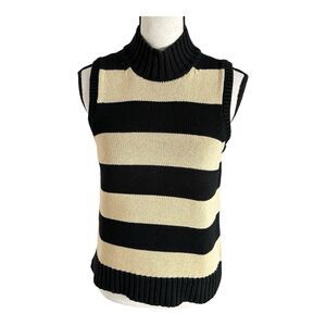Evan Picone L Sweater Vest 100%‎ Cotton Knit Black Beige Wide Striped Wo…